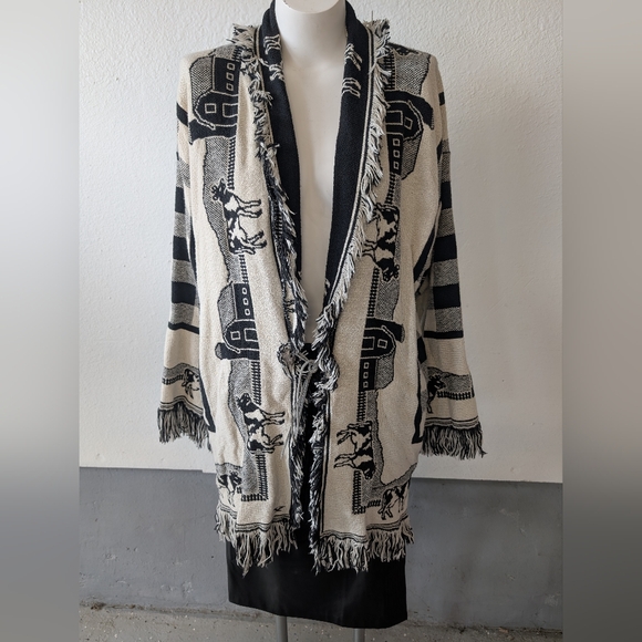 Cardigan Western Style Belt Wrap Style CowsBarn Scene Black White Sz L